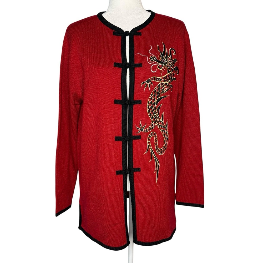 Vintage Bob Mackie M Wearable Art Chinese‎ Dragon Cardigan Asian Jacket Sweater
